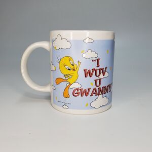 I Wuv U Gwanny Coffee Mug Cup Tweety Bird WB Vintage 1997 Blue Sky Clouds